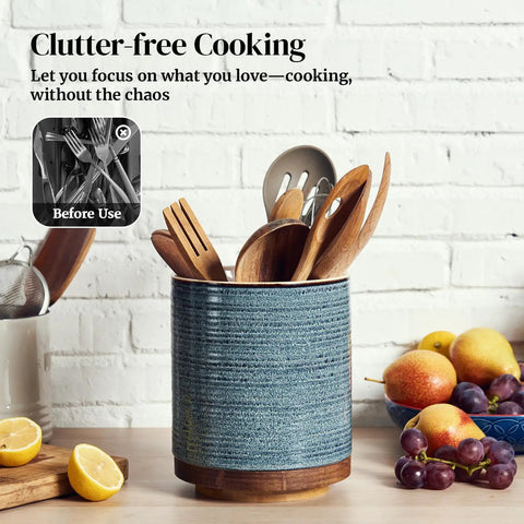 360 Degree Rotating Utensil Holder For Countertop Extra Large Ceramic Caddy In Blue Kitchen Utensil Crock For Farmhouse Decor 7.6 Inch Wide Simple Reach Lazy Susan Style Organizer on kitchen counter with wooden utensils