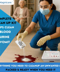 Magnicare bodily fluid cleanup kit front view; nurse in PPE pours super absorbent powder on a red spill beside the kit box.