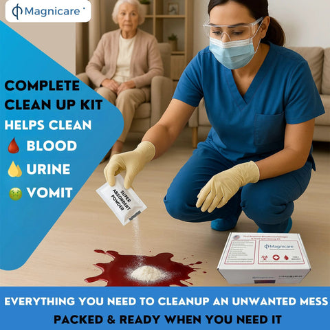 Magnicare bodily fluid cleanup kit front view; nurse in PPE pours super absorbent powder on a red spill beside the kit box.
