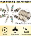 Pro Grade 39 Piece Air Conditioning Valve Core Kit For DIY Techs showing aluminum alloy cores and durability features.