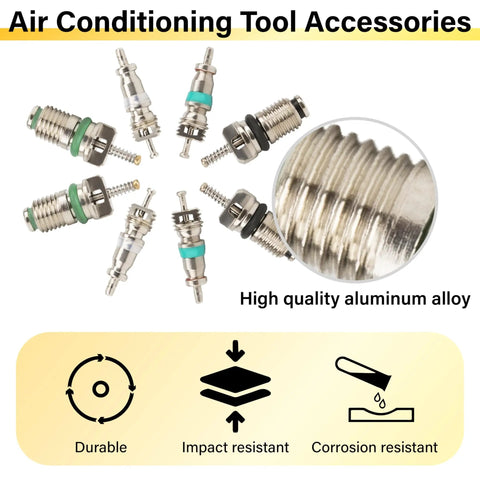 Pro Grade 39 Piece Air Conditioning Valve Core Kit For DIY Techs showing aluminum alloy cores and durability features.