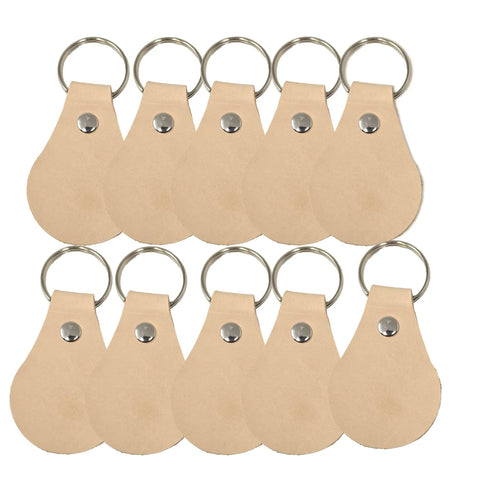 Fresh Veg Tan Leather Key Fobs In A Ten Pack With Pre Assembled Hardware showing ten keyfobs with attached metal rings.