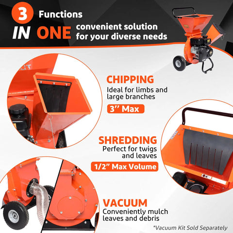 3 In 1 Wood Chipper Shredder Mulcher for Yard Cleanup Gas Powered 7 HP 212cc beast with dual hoppers and large cutting disc