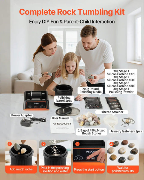 Family using Rock Tumbler Kit For Beginners And Pros, 2 Lb Capacity, Four Speed Settings, Nine Day Polishing Timer in kitchen