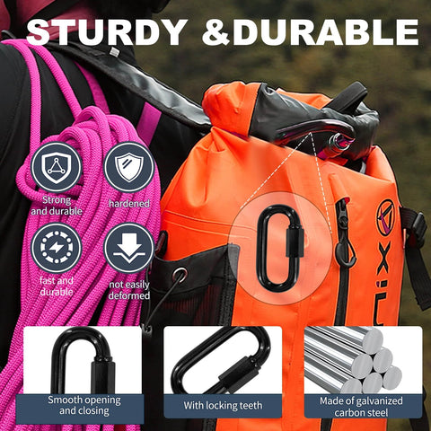 50 Pack 2 Inch Quick Links And M5 Locking Carabiners Set in use on an orange backpack, highlighting galvanized steel durability.