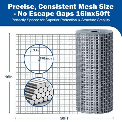Heavy Duty 19 Gauge Hardware Cloth Half Inch Square Mesh 16 Inch Wide By 50 Feet Long welded wire fence roll displaying mesh size and gauge.