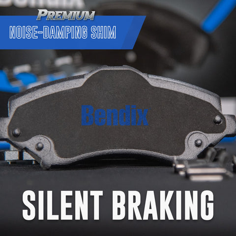 Front view of Bendix brake pad showing blue logo; semi-metallic automotive braking component