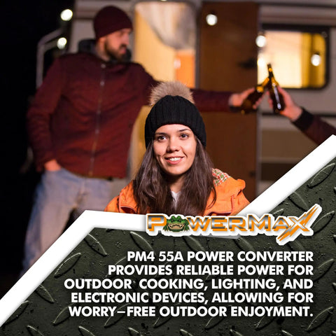 Rock Solid 55 Amp Deck Mount Rv Converter And Smart Battery Charger Optimized For Lead Acid And Lithium Batteries Delivering Hella Reliable Regulated 12 Volt Output For Campground Adventures All Season Long, woman outdoors smiling with RV in background.