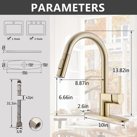 Gold Brushed Kitchen Faucet With Pull Down Sprayer Single Handle 360 Degree Swivel Low Arc Design 1 And 3 Hole Compatible