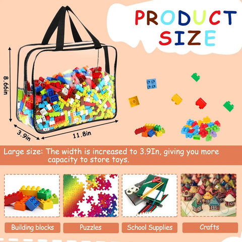 Six Pack Large Clear PVC Toy Storage Bags With Labels for building blocks, 11.8in x 8.66in x 3.9in waterproof zipper bag
