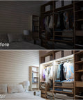 Motion Sensor LED Strip Lights with Rechargeable Battery and USB Removable Control Box illuminating a closet in the dark
