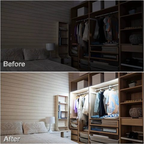 Motion Sensor LED Strip Lights with Rechargeable Battery and USB Removable Control Box illuminating a closet in the dark