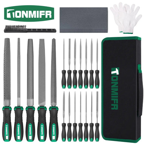 Pro Grade Metal File Set 34 Piece High Carbon Steel With Storage Case for hardened steel and metalworking, showing various files and case.