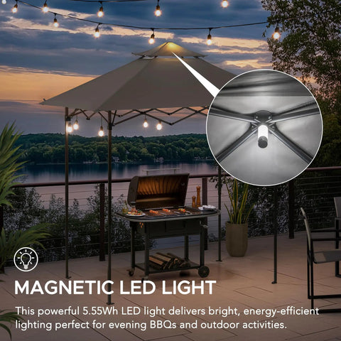 8 By 5 Foot Pop Up Grill Gazebo With Double Tier Standing Height Canopy Magnetic LED Light Adjustable Ceiling Height