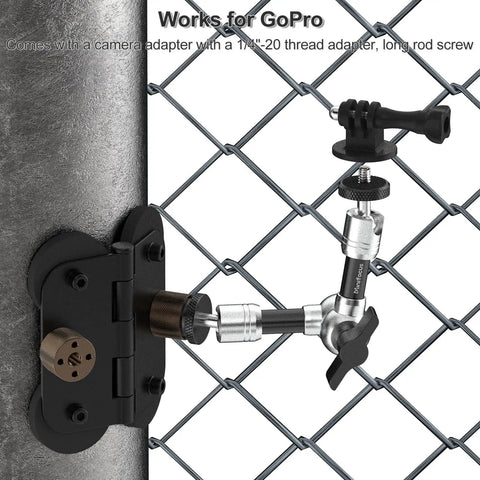 Heavy Duty Magnetic Fence Mount For Action Cameras And Phones With Dual Quarter Inch Mount Points Built For Game Day Recording On Baseball And Tennis Fields Quick Setup For Mevo Start GoPro iPhone And Other Cameras attached to a chain link fence.