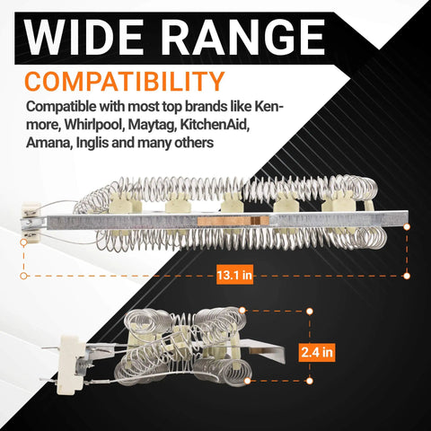 DIY Dryer Heating Element Kit Replacement For Whirlpool Kenmore Maytag KitchenAid Amana GE Dryers 3387747 Heating Element And 279973 High Limit Thermostat For GEW9250PW1 GEW9250PW0 WED5100HW1 WED8300SW2 GEW9200LW1 MED6230HW1 GEQ9800PW1 WED7500GC0 featuring dimensions of heating element compatibility
