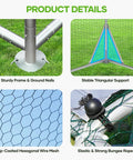 Product details for large metal chicken coop, showing sturdy frame, triangular support, wire mesh, and bungee rope attachments.