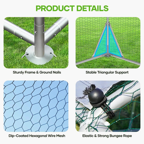 Product details for large metal chicken coop, showing sturdy frame, triangular support, wire mesh, and bungee rope attachments.