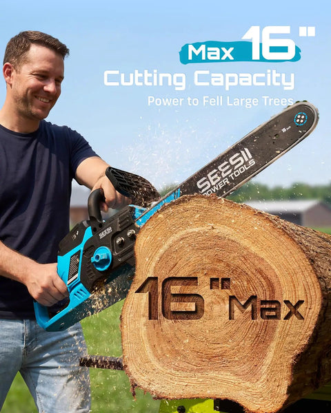 Person using 40V 16 Inch Cordless Chainsaw With Brushless Motor Two 4Ah Batteries And Charger Tool Free Chain Tension