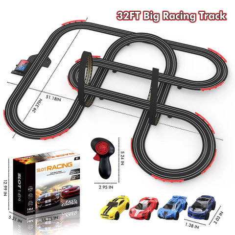 Dope 32Ft Electric Powered Slot Car Race Track Set with four high speed cars and dual hand controllers, easy lock track system