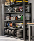 No Fuss Heavy Duty Five Tier Garage Shelving Unit Built Like A Tank Steel Storage Rack 72 X 48 X 24 Inches with tools and tires organized.