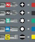 Color-coded bits from Compact Stubby Screwdriver Set With 6 Magnetic Bits In An Integrated Magazine 1/4-Inch Bit Mount Ergonomic Kraftform Handle