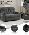 Two Seat Manual Recliner Sofa Set With Cozy Fabric Comfort, Built In Side Pockets And Cup Holders, Dark Grey in living room