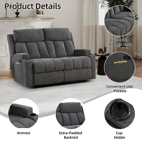 Two Seat Manual Recliner Sofa Set With Cozy Fabric Comfort, Built In Side Pockets And Cup Holders, Dark Grey in living room