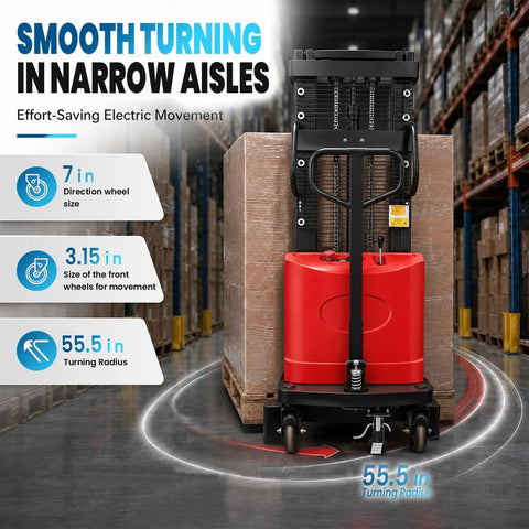 Heavy Duty 94.8 Inch Electric Pallet Stacker Forklift That Lifts A Whopping 3500 Lbs with smooth turning in narrow aisles.