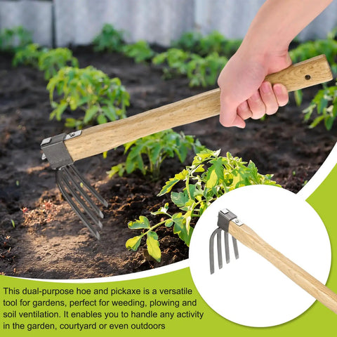 Japanese Hand Tiller And Garden Rake Tool With 15.4 Inch Stainless Steel Cultivator And Hoe for Digging in garden with wooden handle