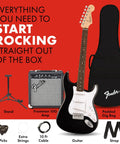 Stratocaster Style Electric Guitar Starter Kit With Frontman 10G Amp, Padded Gig Bag, Stand, Cable, Picks, Black Guitar.