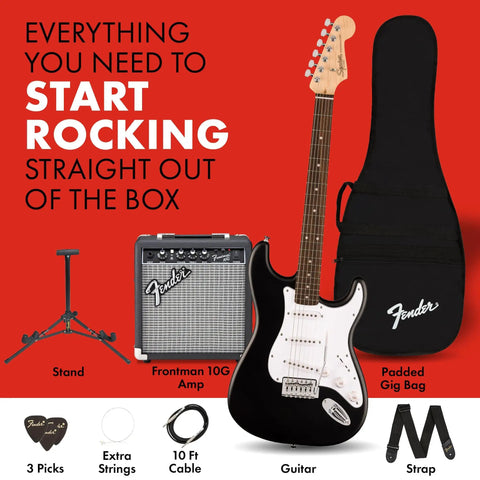 Stratocaster Style Electric Guitar Starter Kit With Frontman 10G Amp, Padded Gig Bag, Stand, Cable, Picks, Black Guitar.