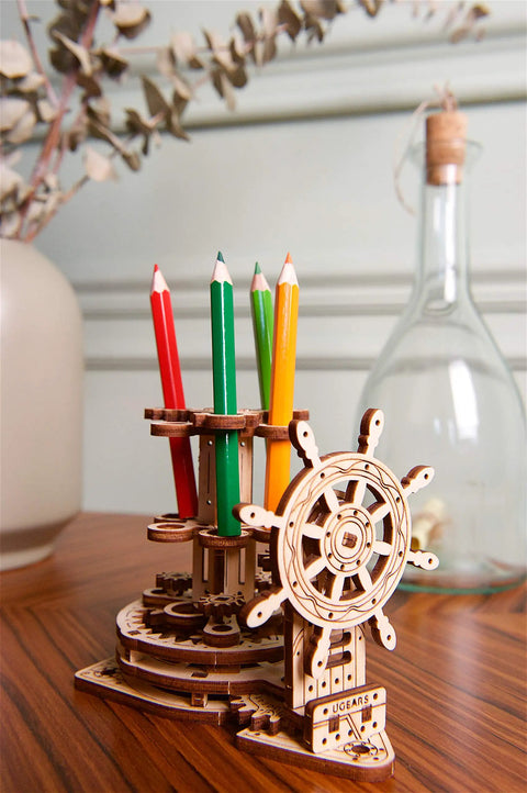Dope Mechanical Wheel Desk Organizer Kit For Adults And Family, 3D Wood Puzzle With Moving Parts, STEM DIY Project, Holds Up To Six Pens Or Pencils, Educational Home Office Toy, wooden pencil holder on desk