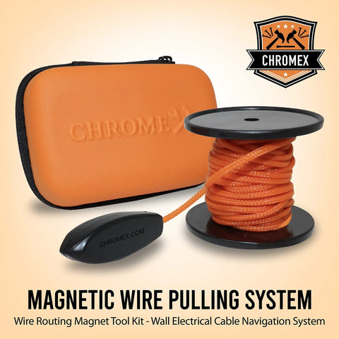 Wire Pulling System With Magnetic Tool Kit for Easy Cable Routing and Wall Installations, includes orange case and spool