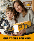 Remote control excavator toy with metal bucket, claw and drill; yellow/black vehicle beside Engineering Series box.