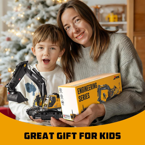 Remote control excavator toy with metal bucket, claw and drill; yellow/black vehicle beside Engineering Series box.