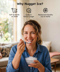 Woman enjoying chewable ice from a bowl, highlighting No Sweat Countertop Nugget Ice Maker With Easy Grip Handle Produces Up To 38 Pounds Of Chewable Ice Daily Game Changing Performance For Weekend Getaways Backyard Cookouts And Fresh Smooth Drinks.