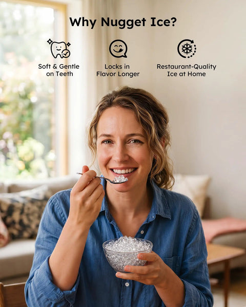 Woman enjoying chewable ice from a bowl, highlighting No Sweat Countertop Nugget Ice Maker With Easy Grip Handle Produces Up To 38 Pounds Of Chewable Ice Daily Game Changing Performance For Weekend Getaways Backyard Cookouts And Fresh Smooth Drinks.