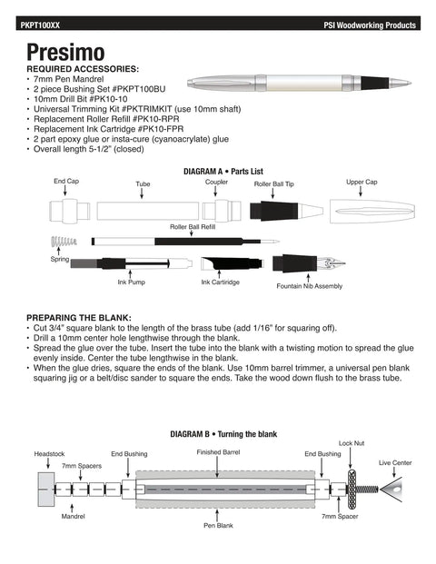 Diagram of Presimo Fountain Pen Kit For Woodturning Projects Hardware Only Lathe Required 10mm Single Tube Design Postable Cap