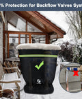 Backflow Preventer No Fuss Insulation Cover 24 Inch By 24 Inch Pouch Winter Freeze Protection Waterproof Outdoor Irrigation Valve Covers For Sprinklers Wells Pumps Faucets installed over valve in snowy backyard