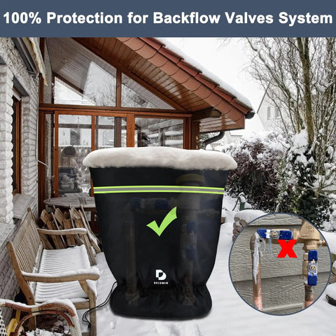 Backflow Preventer No Fuss Insulation Cover 24 Inch By 24 Inch Pouch Winter Freeze Protection Waterproof Outdoor Irrigation Valve Covers For Sprinklers Wells Pumps Faucets installed over valve in snowy backyard