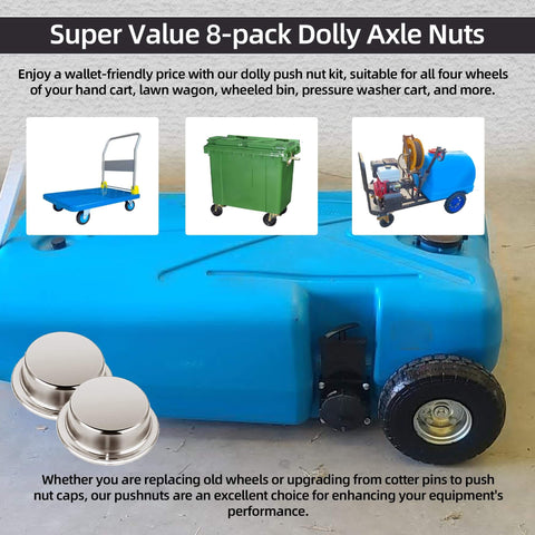 8 Pack Spring Steel Push On Pushnut Caps With Mechanical Zinc Plating for hand trucks, rolling bins, lawn wagons