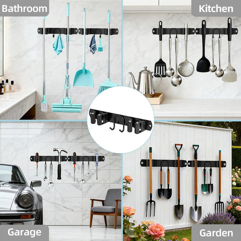 Stainless Steel Broom Holder Wall Mount 2 Pack Heavy Duty Mop Organizer With 2 Slots And 2 Hooks for multi-room storage solution