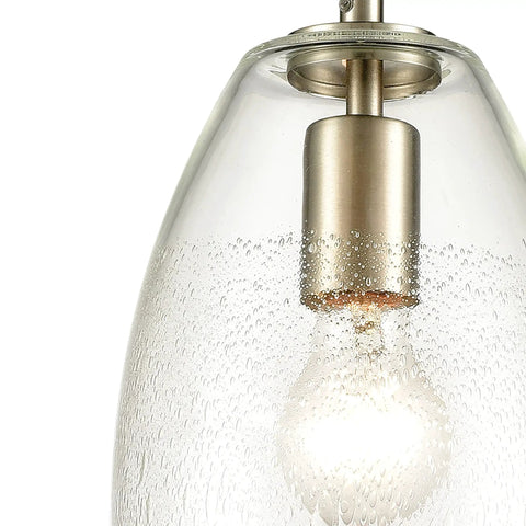 Close-up of Ebbtide 6 Inch Wide 1 Light Mini Pendant with Satin Nickel Finish and Clear Glass Droplet Shade.