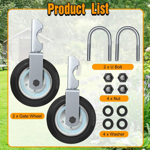 Product list showing Heavy Duty Gate Wheel Set For Metal Swing Gates 1 5/8 To 2 Inch Frames with bolts, nuts, and washers