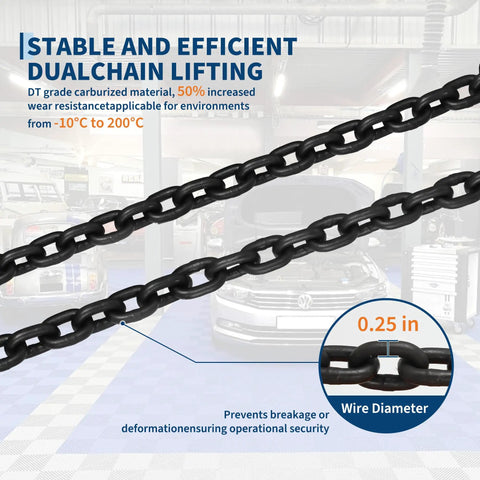 Super Heavy Duty 2200 Lbs Electric Chain Hoist With 20 Ft Lifting Height showing durable dual chain with 0.25 in wire diameter for lifting.