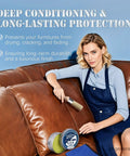 Woman using Top Shelf Furniture Restore Paste And Leather Conditioner Plus Wood Polish Cleaner With Brush on brown leather couch.