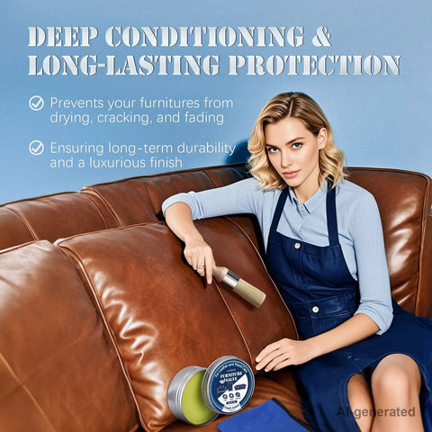 Woman using Top Shelf Furniture Restore Paste And Leather Conditioner Plus Wood Polish Cleaner With Brush on brown leather couch.
