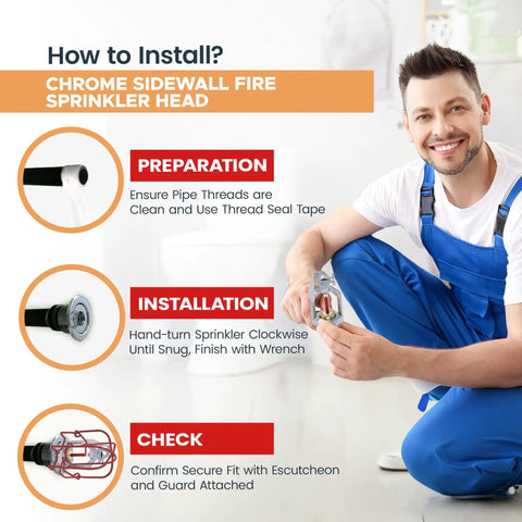 Heavy Duty Chrome Sidewall Fire Sprinkler Head With One Half Inch Npt Pipes And Rock Solid Automatic Glass Bulb Trigger Rated At 155 Fahrenheit in installation guide with preparation steps.