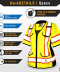 Women's Hi-Vis Class 3 Safety Vest In Bright Yellow With Relaxed Fit And Five Sturdy Cargo Pockets Built Different For The Daily Grind With Reflective Tape And No Hassle Hook And Loop Closures For Top Shelf Jobsite Gear, showcasing six durable pockets.